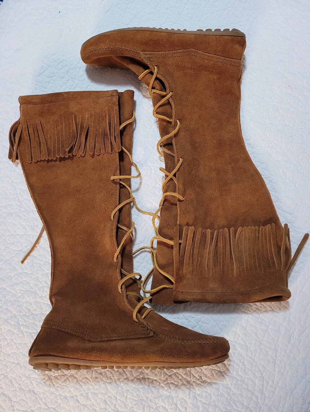 Minnetonka Fringe Front Lace Lace-Up Suede Knee-High Boots Brown Sz 9
